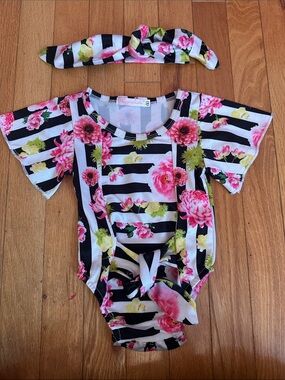 Striped Floral Baby Romper with Headband - Black, White & Pink
